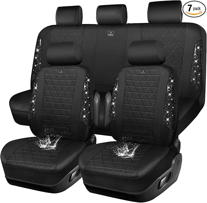 CAR PASS Oxford Bling Diamond Car Seat Covers Full Set Interior Sets, Waterproof Shining Glitter Sparkly Crystal Universal Armrest Fit 95% Automotive Truck SUV Cute Women Girl, All Black Rhinestone