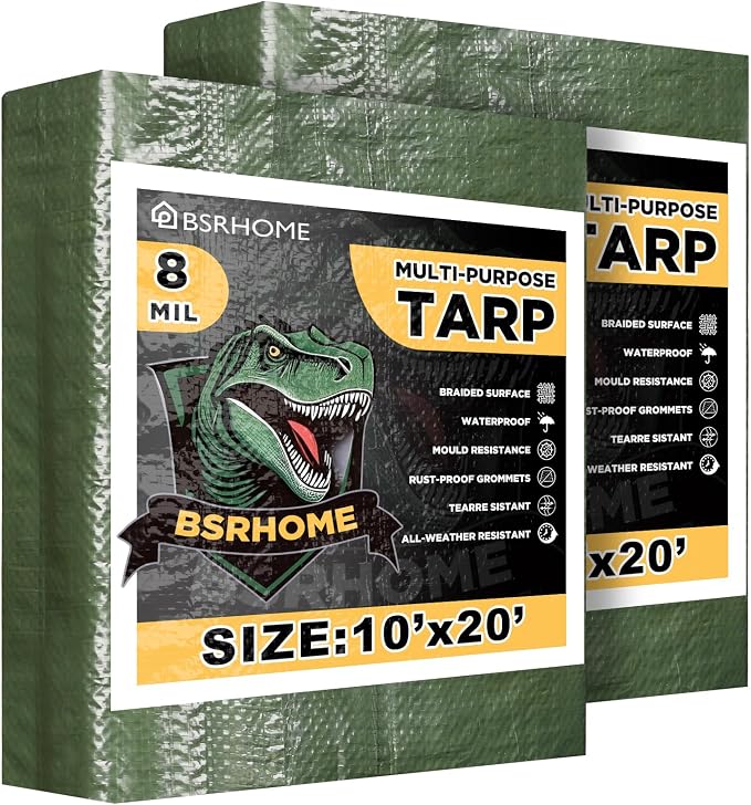 Tarps Waterproof 10x20 Feet, 2 Pack Heavy Duty Green Tarp Cover 8 Mil Thick, Resistant Plastic Tarpaulin with Metal Grommets, Outdoor Tent Cover for Emergency Rain