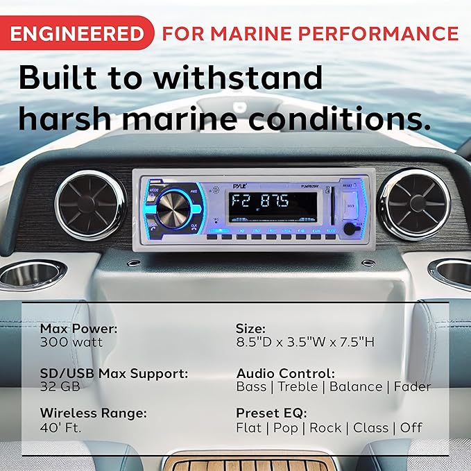Pyle PLMRB29W Single-DIN In-Dash Digital Marine Stereo Receiver with Bluetooth (White)