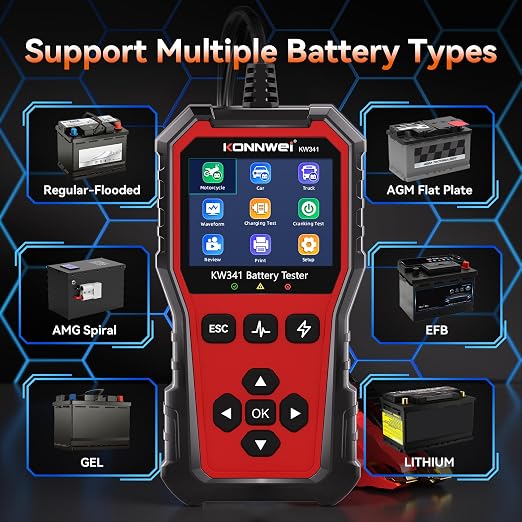 KONNWEI KW341 Car Battery Tester 6V 12V 24V Automotive Battery Load Tester Digital Battery Analyzer for Motorcycle Car Truck, Test SOH SOC CCA Resistance Voltage, Cranking Charging System Print