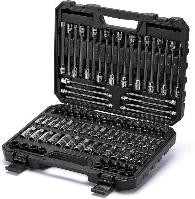 EMENTOL 107PCS Bit Socket Set, 1/4", 3/8" and 1/2" Drive, Hex/Torx/Tamper Proof Torx/E-Trox/Long Ball End Hex, CR-V, S2 Steel, SAE/Metric