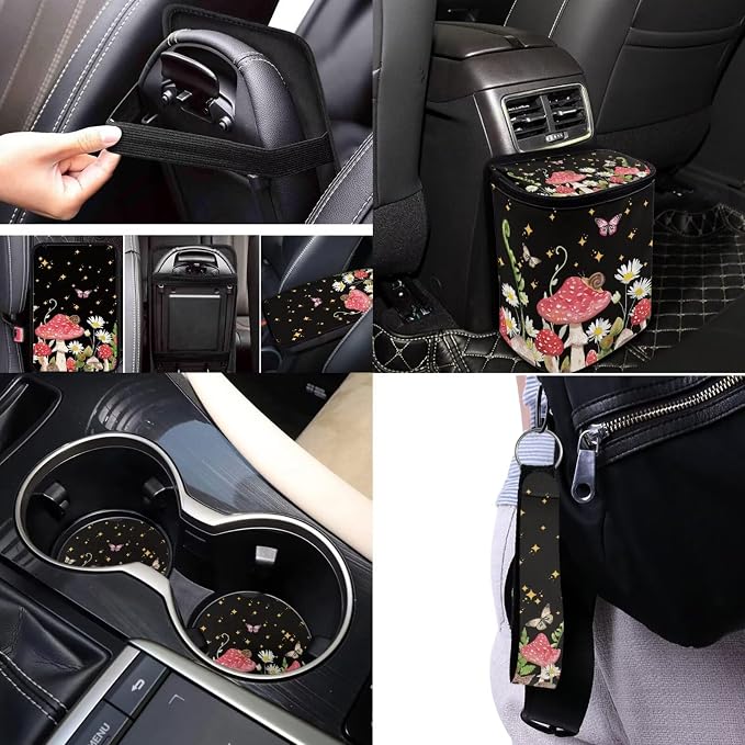 17 Pieces Mushroom Car Seat Covers Full Set for Women Girly,Starry Sky Mushroom Car Accessories Set with Steering Wherl Cover Seat Belt Cover Pad Car Headrest Cover Cup Coaster Sets