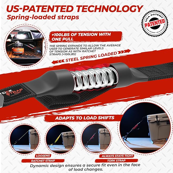 TorkStrap 14' x 1.5'' Self Tensioning Tie Down Straps [Patented] - Automatically Adapt to Load Shifts - 2,250LB Break Strength - Pull Alternative to Ratchet Straps - Integrated Soft Loop & Hook (4-PK)