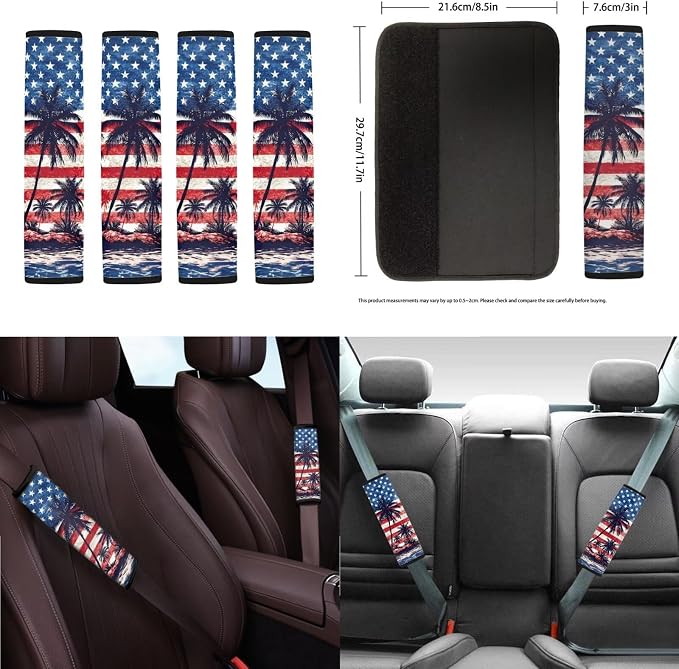 Coconut Tree Print Car Front Rear Seat Covers American Flag Print Car Interior Covers Set Includes Steering Wheel Cover Safety Belt Pads Center Console Pad 250 Year Auto Decor