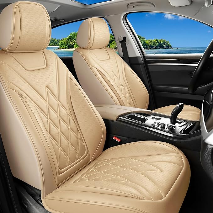 Car Seat Covers Compatible with Ford Focus 2009-2018 - Full Set 5 Seats Luxury Leather All-Weather Seat Cushions & Protectors, Waterproof & Breathable, Airbag Compatible (Beige)