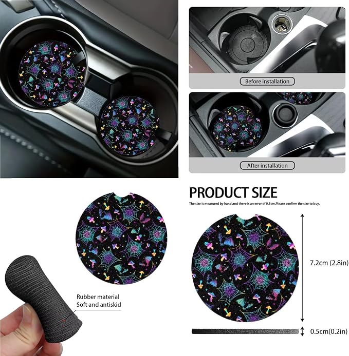 Mushroom Bat Spider Web Car Seat Covers 15Pcs Full Set Car Steering Wheel Cover Seat Belt Cover Trash Bin Air Vent Storage Box Rear View Mirror Car Cup Holder Keychain Halloween Decor