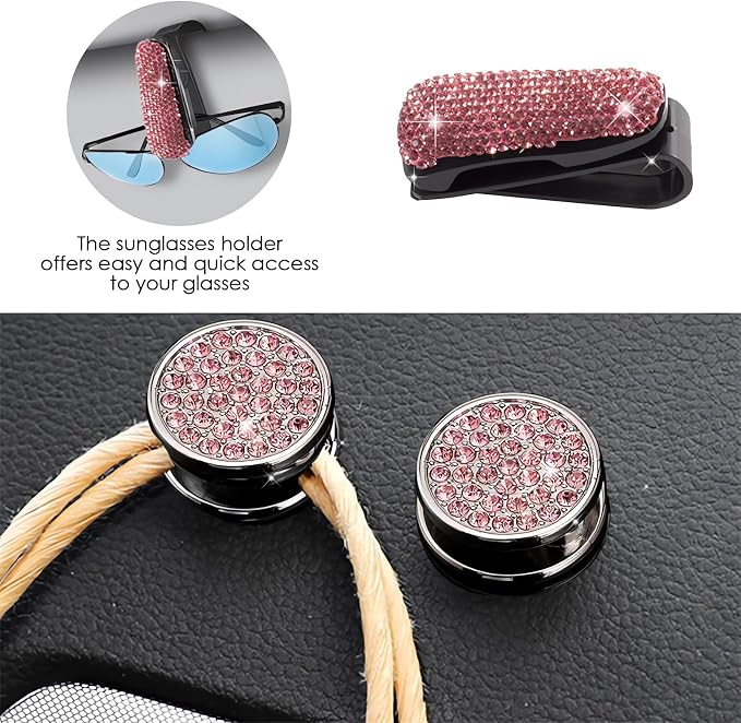 Guoord 33-Piece Bling Car Accessories Set for Women - Rhinestone Steering Wheel Cover, Diamond Door Stickers, Auto Hooks, Vent Outlet Trim, Tire Valve Stem Caps, and Cup Holders (Pink)