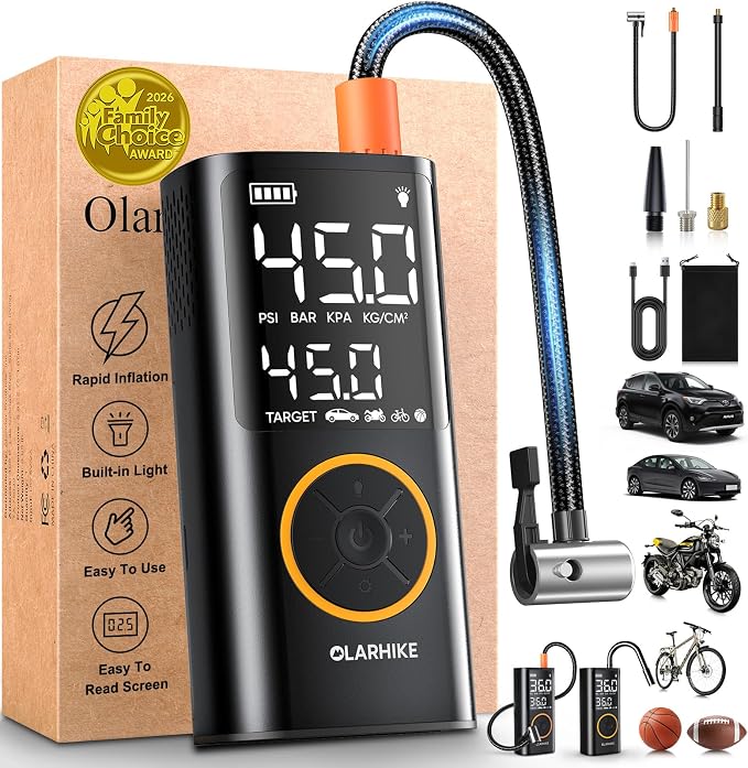OlarHike Tire Inflator Portable Air Compressor, Smart Dual Hose System, Auto Air Pump for Car Tires, Bike,Bicycle, Motorcycles,Electric Pump with LED Light & Digital Pressure Gauge