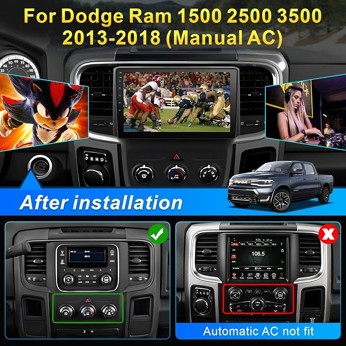 8 Core 4+64G Car Stereo Radio for Dodge RAM Upgrade 1500 2500 3500 2013 2014 2015 2016 2017 2018 with Wireless CarPlay and Android Auto,9 inch Touch Screen Radio Replacement (Only fit Manual AC)
