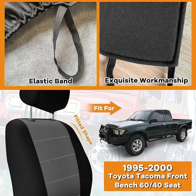 Truck Seat Cover Compatible with 1995-2000 Toyota Tacoma, Knitted Front Bench 60/40 Seat Covers with 2 Headrests and Center Console, Black&Charcoal