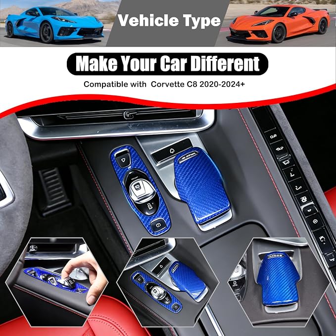 Set of 2 Genuine Carbon Fiber Gear Shift Panel Cover Trim for Corvette C8 2020-2025 Gear Shift Knob Head Protection&Console Gear Shift Button Panel P D Auto M Button Frame Accessories (Blue)