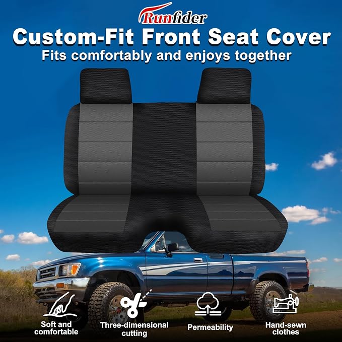 Bench Seat Covers for Toyota Pickup 1987 1988 1989 1990 1991 1992 1993 1994 Heavy Duty Cloth Protector Interior Accessories,Molded Headrest with Small Notch Machine Washable, Black