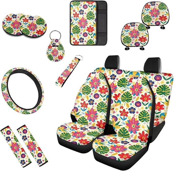 13 PCS Tropical Plant Car Seat Covers, Colorful Island Botanical Front Seat Rear Cover, Hawaii Monstera Hibiscus Auto Armrest Cover Headrest Cover Keychain