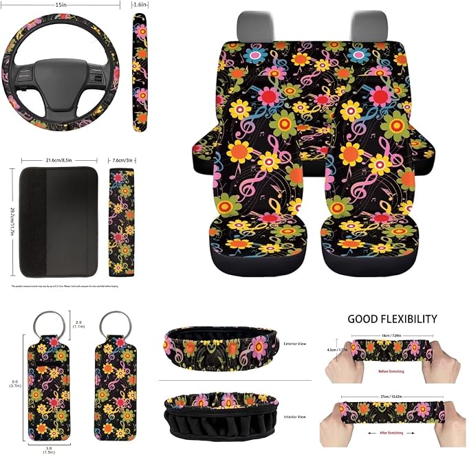 Universal Fit Colorful Flower Musical Note Car Seat Covers Full Sets+Hippie Car Coaster/15In Steering Wheel/Seatbelt/Keychain/Mirror Cover/Gear Shift Knob Handbreak Pad Aesthetic Car Accessory