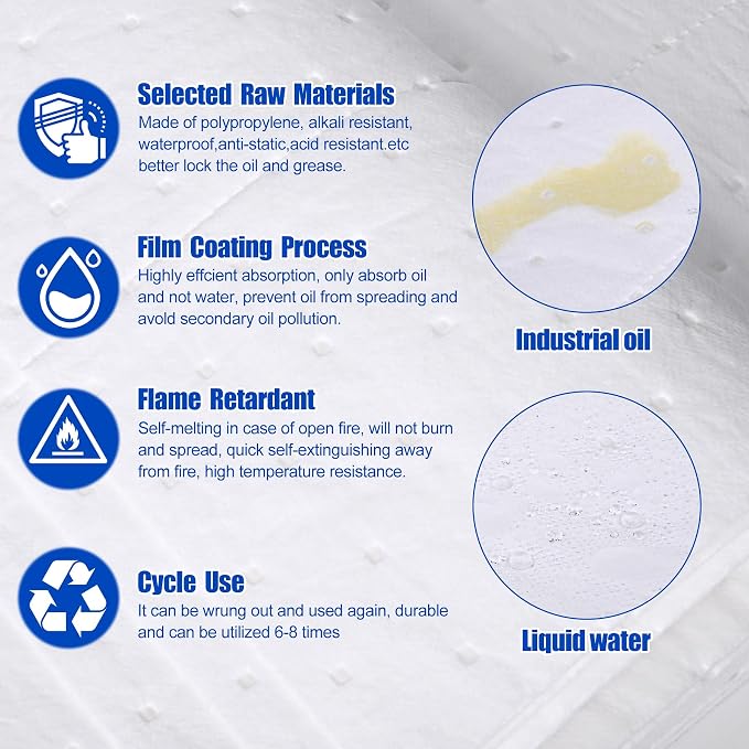 Oil Absorbent Pads - High Absorbency Microfiber Polypropylene Absorbing Pads, Oil Spill Mat for Oil-Based & Water-Based Fluids, Gray, 13" x 10" (50 White, 13'' x 10'')