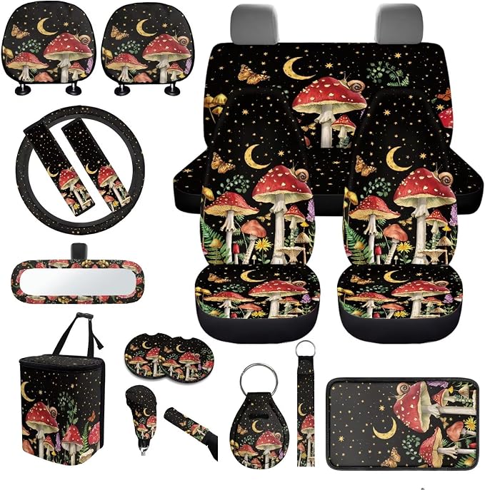 Mushroom Print Car Seat Covers Full Sets 18 Pieces Mushroom Car Interior Accessories with Car Headrest Covers Anti Slip Car Seat Belt Pads Cover Leakproof Auto Trash Can Steering Wheel Cover