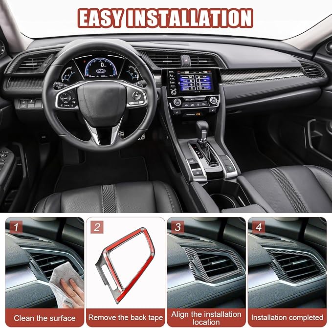 12 Pcs Carbon Fiber Console Center Dashboard Panel Cover, AC Air Vent Cover Compatible with Honda Civic 10th Gen 2016-2021