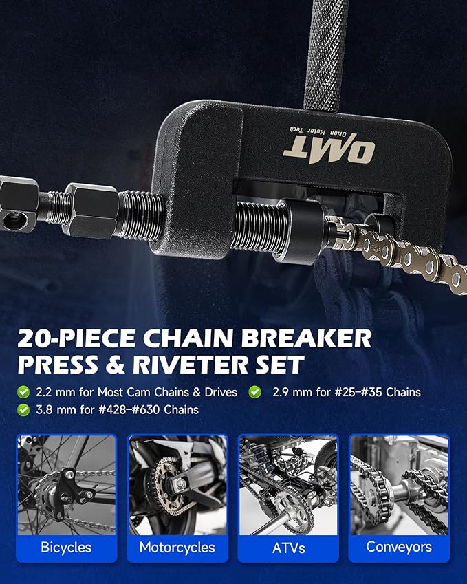 Orion Motor Tech Motorcycle Chain Rivet Tool, 20pc Motorcycle Chain Tool Kit with Blackened C Frame 5 Pins Pre-Press Cap, Pro Bike ATV Motorcycle Chain Breaker Cutter Removal Tool for 25 to 630 Chains