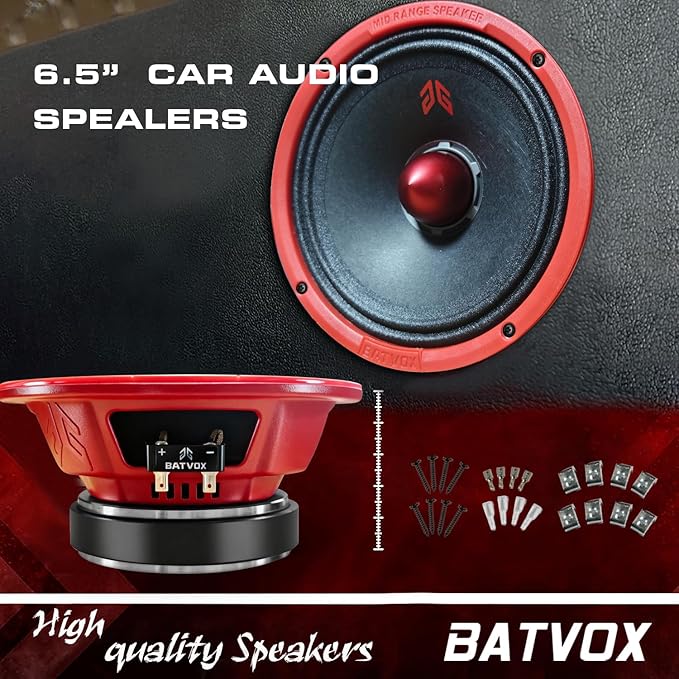MX65E2 Midrange Loudspeaker 6.5" Red Bullet, 480W Max, 4 Ohms, Premium Quality Audio Door Speakers for Car or Truck Stereo Sound System, Red (2 Speaker)