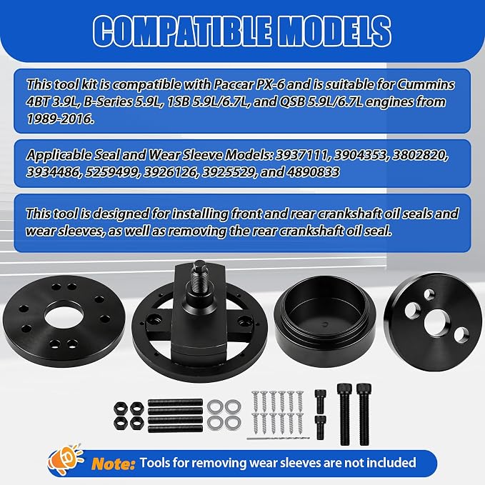 Front & Rear Crankshaft Seal Installer Remover Tool Set Compatible with 1989-2016 Cummins 3.9L 5.9L 6.7L, with Wear Sleeve Installer Tool Set, Replaces #3824498 1338 3824500 5046 3164660 2063800090