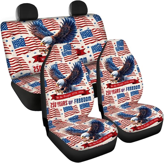 American Flag Eagle Car Seat Cover Set, 11 Piece, 250 Years of Freedom, with Steering Wheel Cover/Seatbelt Pad, Non-Slip Patriotic Auto Accessories for 4th of July & 250th Anniversary
