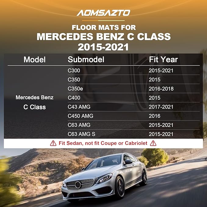 Floor Mats Fit for Mercedes-Benz C-Class C300 C43 AMG 2015-2021 Sedan Only | AOMSAZTO All Weather Custom Fit Floor Liners for 1st and 2nd Row, Black