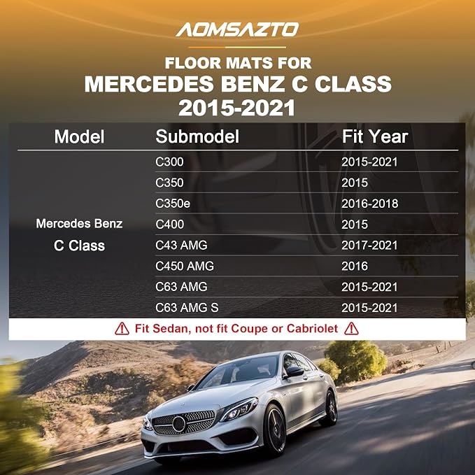 Floor Mats Fit for Mercedes-Benz C-Class C300 C43 AMG 2015-2021 Sedan Only | AOMSAZTO All Weather Custom Fit Floor Liners & Cargo Mat Full Set for 1st and 2nd Row, Black