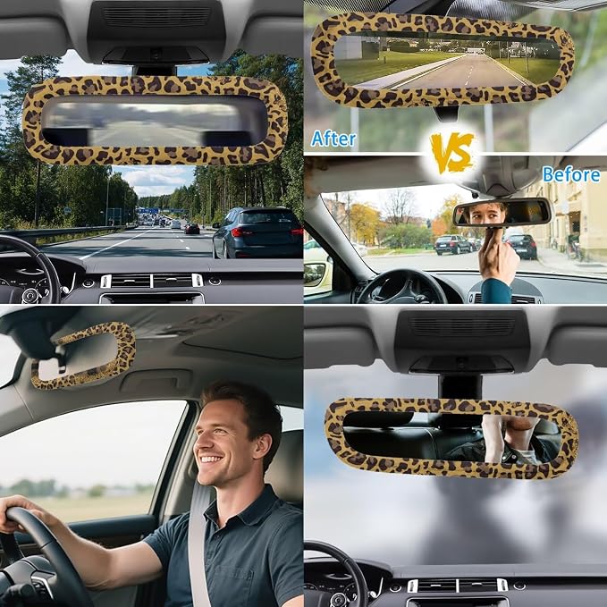 17 Pack Leopard Print Car Seat Covers Full Set for Front and Rear,Sunflower Car Accessories Sets with Women Man with Mirror Cover,Steering Wheel Cover,Auto Trash Can with Lid,Universal Fit