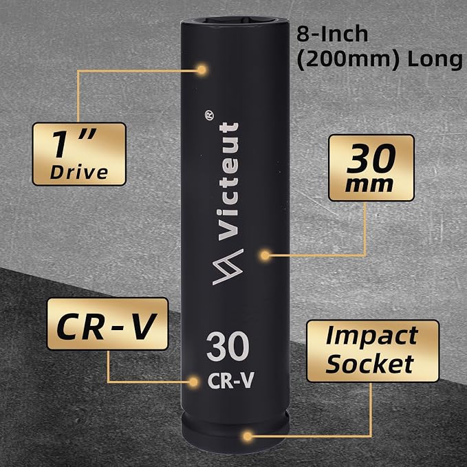 1-Inch Drive 30mm Extra Deep Impact Socket, 8-Inch (200mm) Long, 6-Point Truck & Trailer & Tractor Wheel Nut Socket, Heat Treated Cr-V Alloy Steel, One-Piece Forged, No Torque Loss