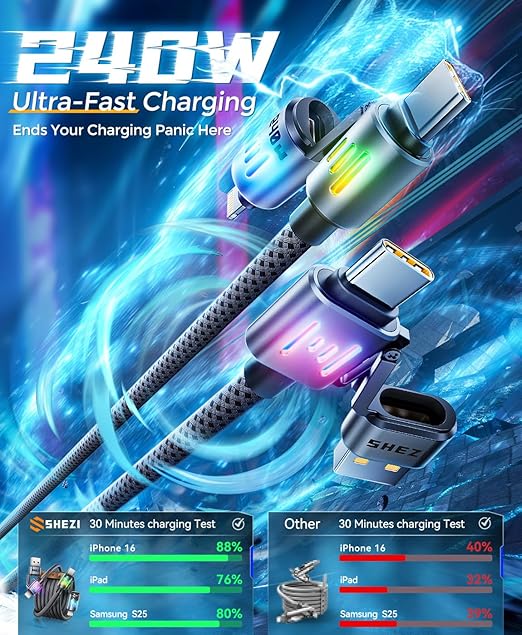 SHEZI 4-in-1 USB C Cable [240W Fast Charging & Data Transfer] Nylon iPhone Charger Cord with Light, Multi Charge Cables Combo with L/Type C/USB A Port for iPhone/iPad/Samsung, 5FT