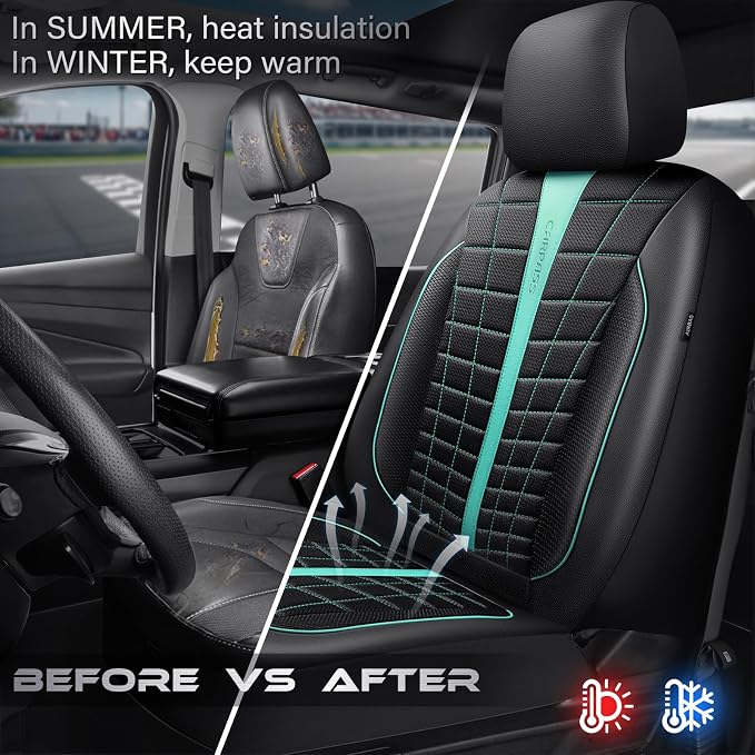 CAR PASS 3D Air Mesh Seat Covers for Car, Leather Car Seat Cover Front Seats, Breathable Foam Premium Leather Mesh Front Seat Covers Universal Fit for Cars Sedans Trucks Vans SUVs, Black Mint