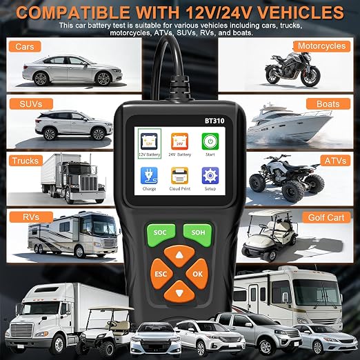 12V/24V Car Battery Load Tester Automotive – 100-2000 CCA Alternator & Charging Analyzer, QR Code Cloud Report No App Needed, for Car Truck SUV Motorcycle Snowmobile Boat