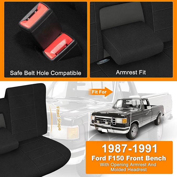 Truck Seat Cover Compatible with 1987-1991 Ford F150 Front Bench with Opening Armrest and Molded Headrest, Black