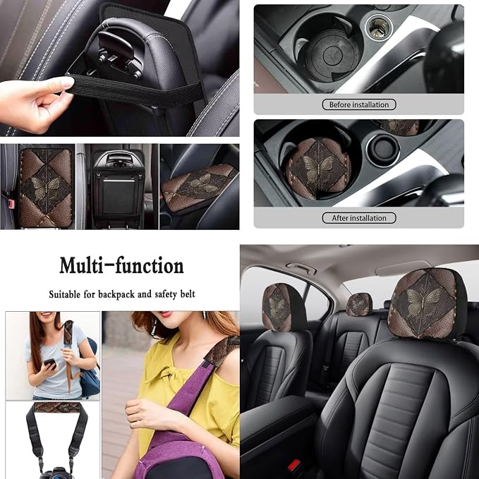 Butterfly Printed Car Seat Covers Full Set Universal Car Interior Accessories Set Included Steering Wheel Cover Seat Belt Pad Armrest Protector Coaster for Auto, Brown