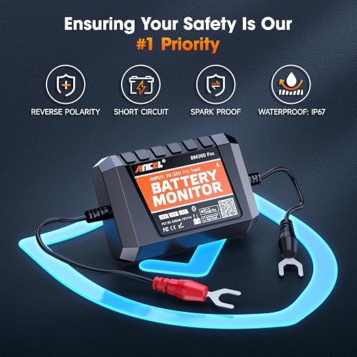 ANCEL BM300 Pro Battery Monitor - 6V/12V/24V Universal with Bluetooth 5.3 & Reinforced Design, Charging & Cranking Tests, Real-Time Alerts for Lead-Acid & Lithium Batteries in RV, Truck, Marine & More