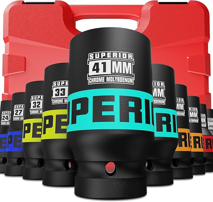 10 Piece 1" Drive Impact Socket Set, 21 mm-41 mm Jumbo Socket, Metric, 6-Point, Heavy Duty CR-MO, Large Automotive Repairs, Truck, Excavators