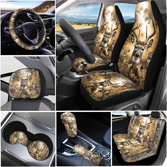 KEIAHUAN Car Seat Cover Full Set 11 Pieces Deer Hunting Camouflage with Stretchy Steering Wheel Cover,Headrest Cover,Gear Shift Knob Cover & Handbrake Cover,Coasters,Fit Most Van Sedan Truck SUV