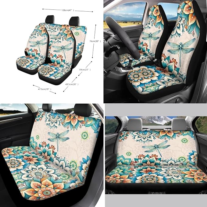 Suobstales Boho Dragonfly Flower Print Car Accessories for Women Men Seat Covers for Car, Trucks, SUV Full Set Interior Cover Seat Protectors with Steering Wheel Cover,Seat Belt Pads,Coaster,Keychains