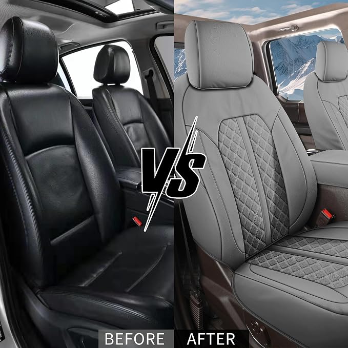 Truckiipa Leather Ram Seat Covers Front Waterproof Full Coverage Car Seat Covers Cushion Protector Custom Fit for 2009-2018 Dodge Ram 1500, 2010-2025 Ram 2500 3500 Crew Mega Cab, Front Pair, Grey
