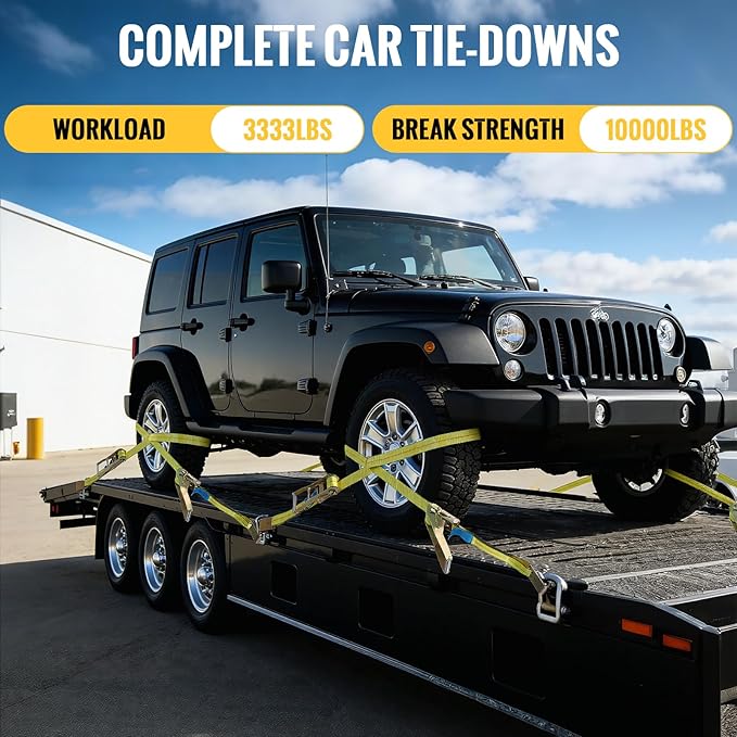 TLGREEN 4 Pack Car Tie Down Straps for Trailers - 2" x 10' -10,000LBS Break Strength Heavy Duty Ratchet Straps with Flat Hooks, for Hauling Truck, SUV, UTV, Motorcycle (Includes Storage Bag) Yellow