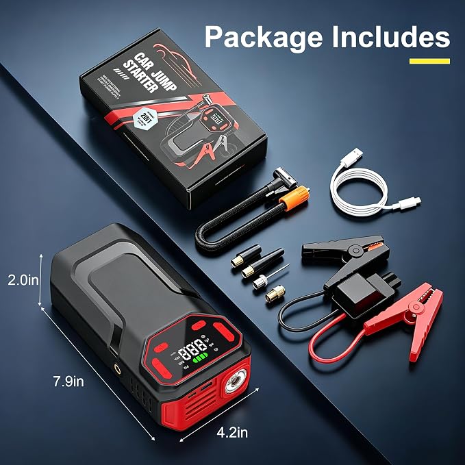 MT21 Jump Starter with Air Compressor,12V Battery Booster Pack(10L Gas/8L Diesel) with 5000A–Spark-Proof & Reverse Polarity Protected,150PSI Portable Jump Box & Tire Inflator with LED Light