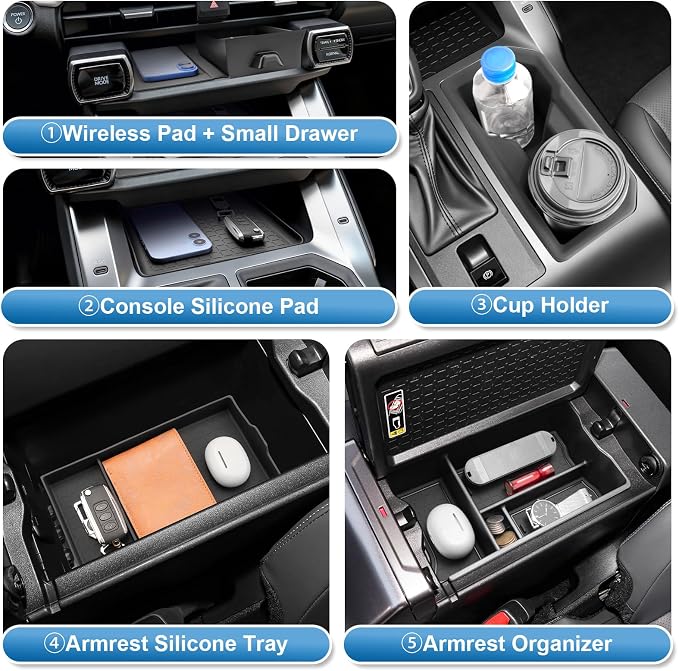 (5Pack) Coleya 2026 RAV4 Center Console Organizer, for Toyota R AV4 (Wireless Charging Mat+Console Mat+Cup Holder+Armrest Tray+Armrest Organizer), Durable Console Tray Insert 2026 R AV4 Accessories