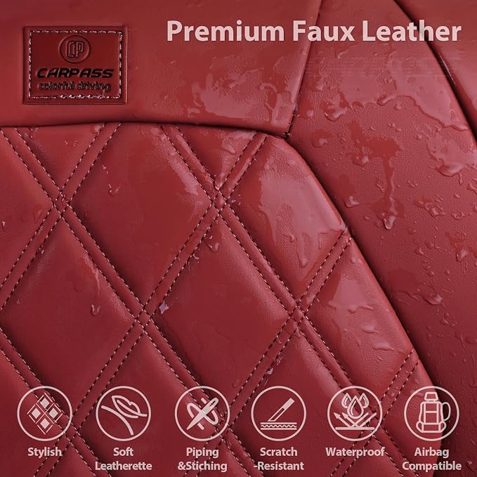 CAR PASS Burgundy Red Luxury Nappa Leather Seat Covers Front, 2 piece | 3D Rhombus Waterproof Leather Front Seat Covers, Universal Automotive Seat Cushion Fit for Sedan SUV Truck, Airbag Compatible