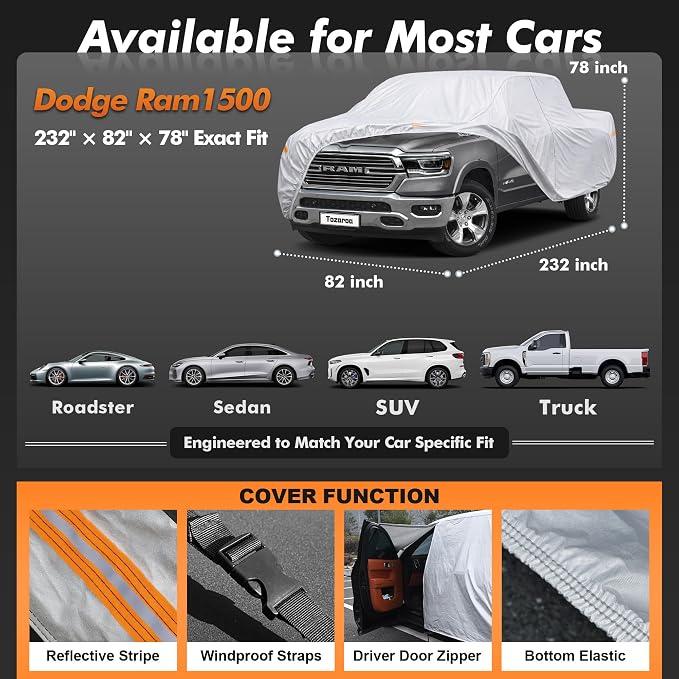 Car Cover Waterproof All-Weather,Heavy-Duty Outdoor Full Exterior Automobiles Truck(Length 229-242 inch) Max Cab with Windshield Sun Shade Universal Fit F150 Ram 1500 etc
