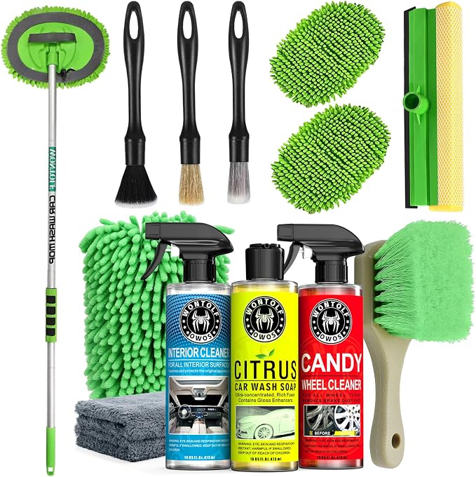 Wontolf 17pc Car Wash Kit, Car Cleaning Kit with Car Wash Brush Long Handle, Car Wash Soap, Interior Cleaner, Wheel Cleaner, Window Squeegee, Car Interior Detailing Kit for Cars Trucks RVs SUVs