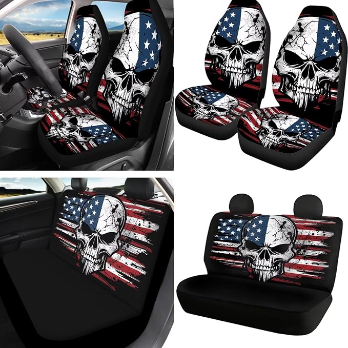Howilath American Flag Skull Car Seat Cover Full Set 13 Piece Anti-Slip Front Back Seat Covers with Auto Steering Wheel Pads/Seat Belt Cushion/Keychains/Cup Mat Accessories Interior Decor