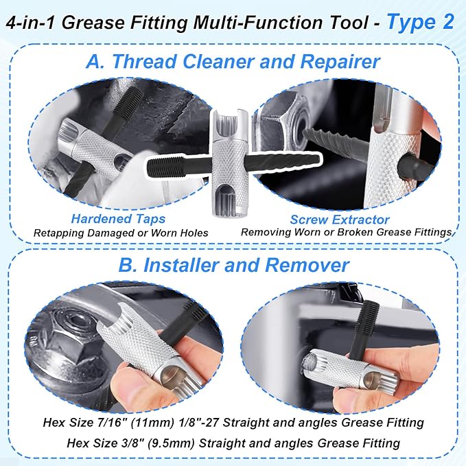 2pcs Grease Zerk Fitting Tool Set, 4-Way Zerk Thread Repair and Removal Kit for 1/4"-28 1/8"-NPT M10x1 M8x1 Threads, 3/8" 5/16" 7/16" Hex Sizes, Grease Fitting Tool for Install Remove Rethread