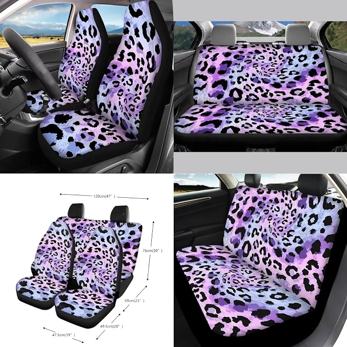 Cheetah Print 15Pcs Car Interior Cover Set Includes Car Front Rear Seat Covers Steering Wheel Cover Seatbelt Pads Inside Rearview Mirror Protector Garbage Bag Cup Coasters