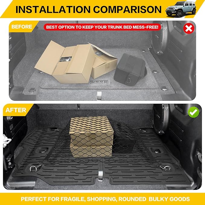 Trunk Mat with Net for 2021-2025 Jeep Wrangler JL Unlimited 4XE Accessories All Weather Protection Rear Trunk Liner Cargo Net for 21-25 JL JLU 4XE 4 Door(Not for 4X4)