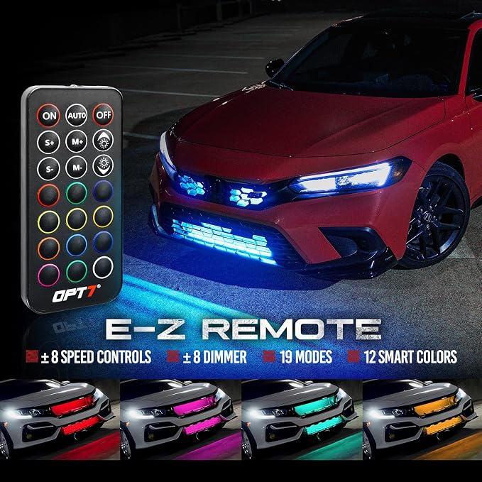 OPT7 Aura 4PCS RGB LED Grille Lights with Remote Control, 12 inches Waterproof LED Strip Lights, Multicolor, Dimmer, Fade, Cycle, Strobe, Peel'n'Stick Front Grill Valence, Car Truck SUV Decorations